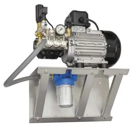 A motor pump on a stainless steel wall bracket.