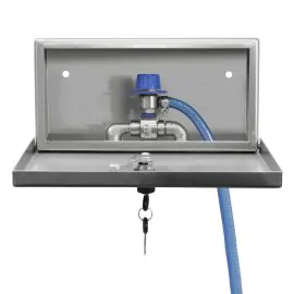 A chemical injector in stainless steel housing.