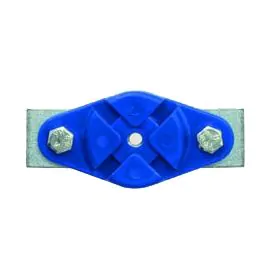 A blue plastic hose guide end clamp with galvanized steel screws.