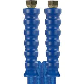 A blue high pressure carwash comfort hose with bend restrictors.