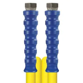 A yellow foodjet hose with zinc plated steel fittings.