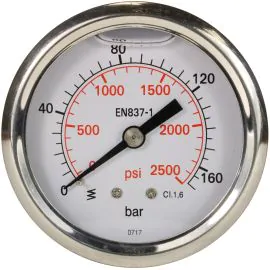 A pressure gauge with rear entry.