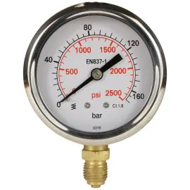 A pressure gauge with bottom entry.