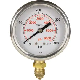 A pressure gauge with bottom entry.