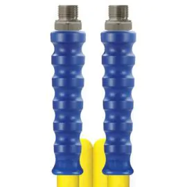 A yellow foodjet hose with zinc plated steel fittings.