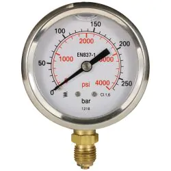 A pressure gauge with bottom entry.