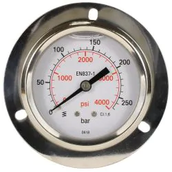 A pressure gauge with mounting ring.